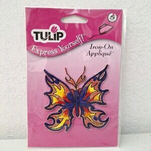 Vtg Tulip DRAGON FLAME BUTTERFLY Metallic Colorful Iron-on Applique NEW SEALED